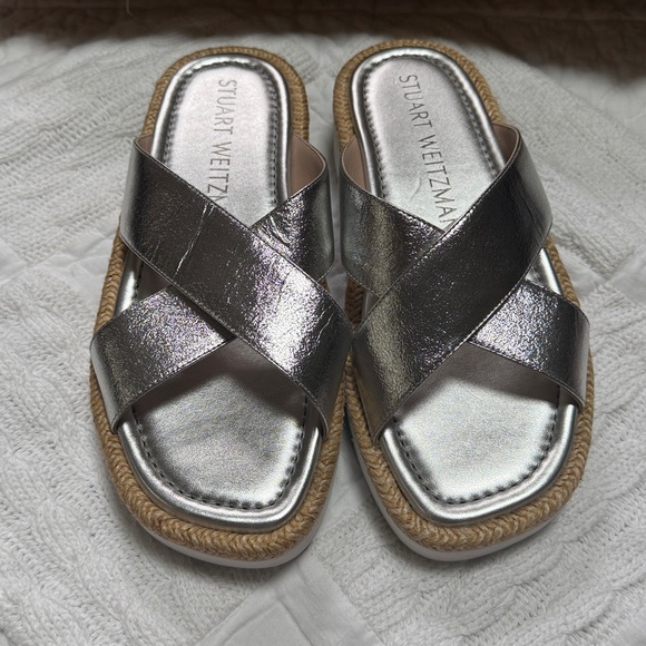 Stuart Weitzman Silver Roza Lift Leather Slide Sandals 6.5B - Picture 14 of 14